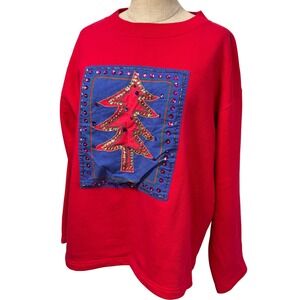 VTG Red Ugly Christmas Sweatshirt Tree Sequin Patchwork Women‎ L Festive Granny